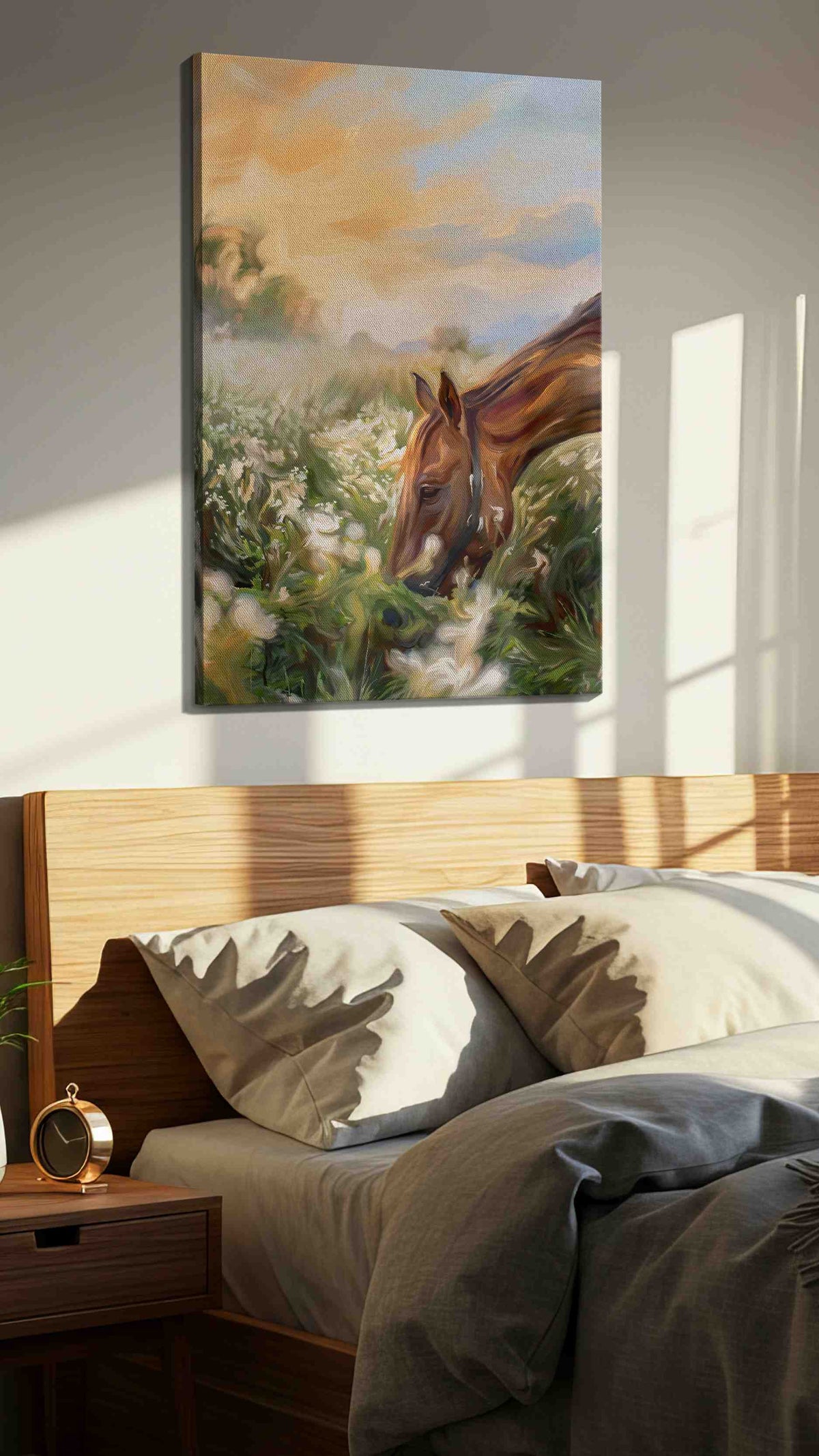 Whispering Meadows horses canvas print, displayed in a bedroom