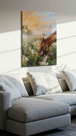 Whispering Meadows horses canvas print, displayed in a living room