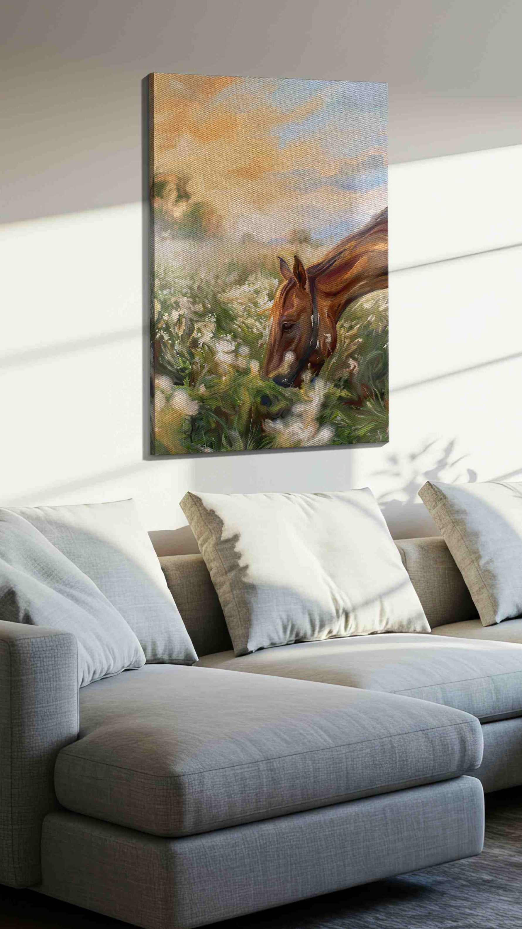 Whispering Meadows horses canvas print, displayed in a living room