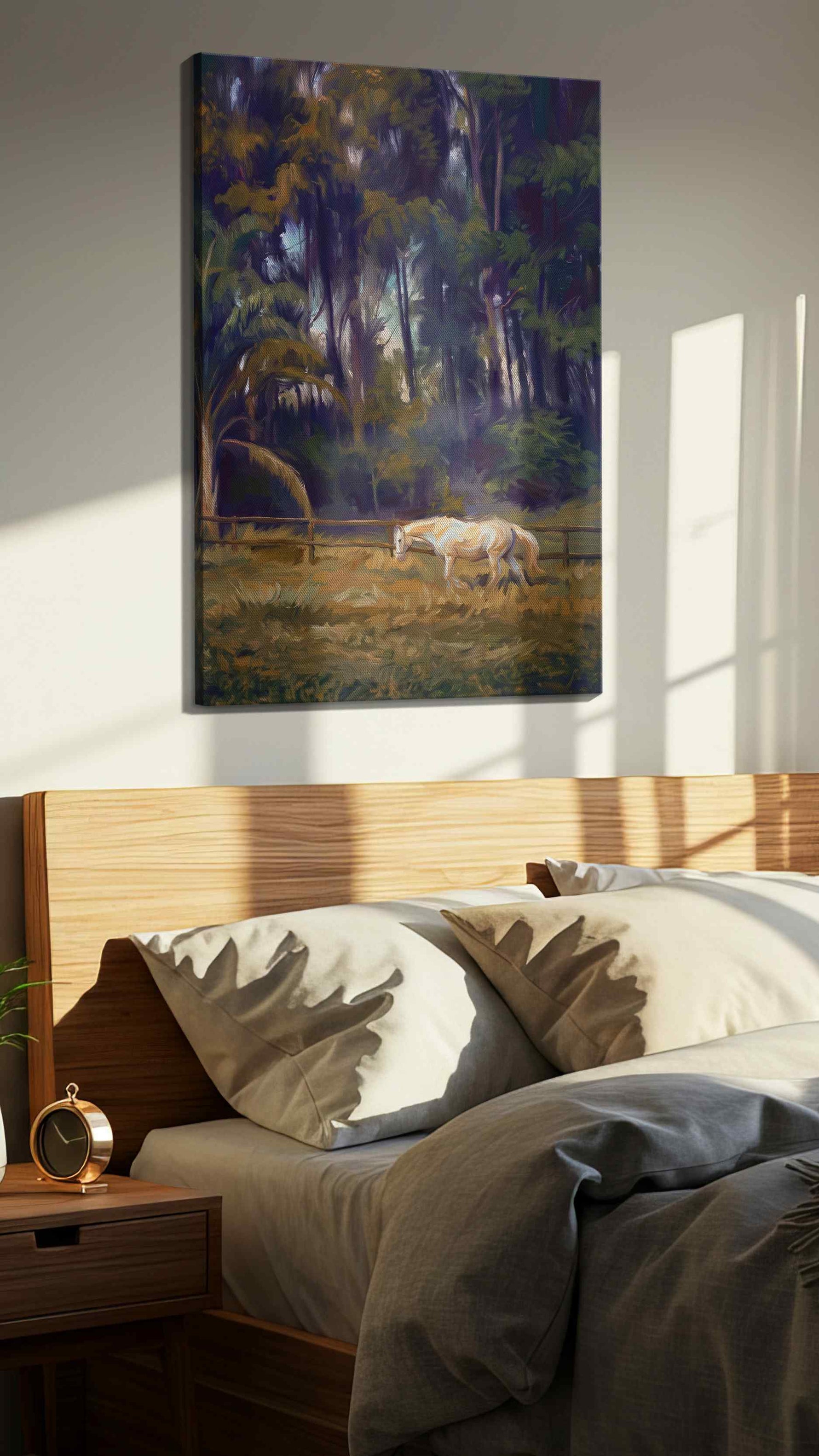 Whispers in the Glade landscape canvas print, displayed in a bedroom
