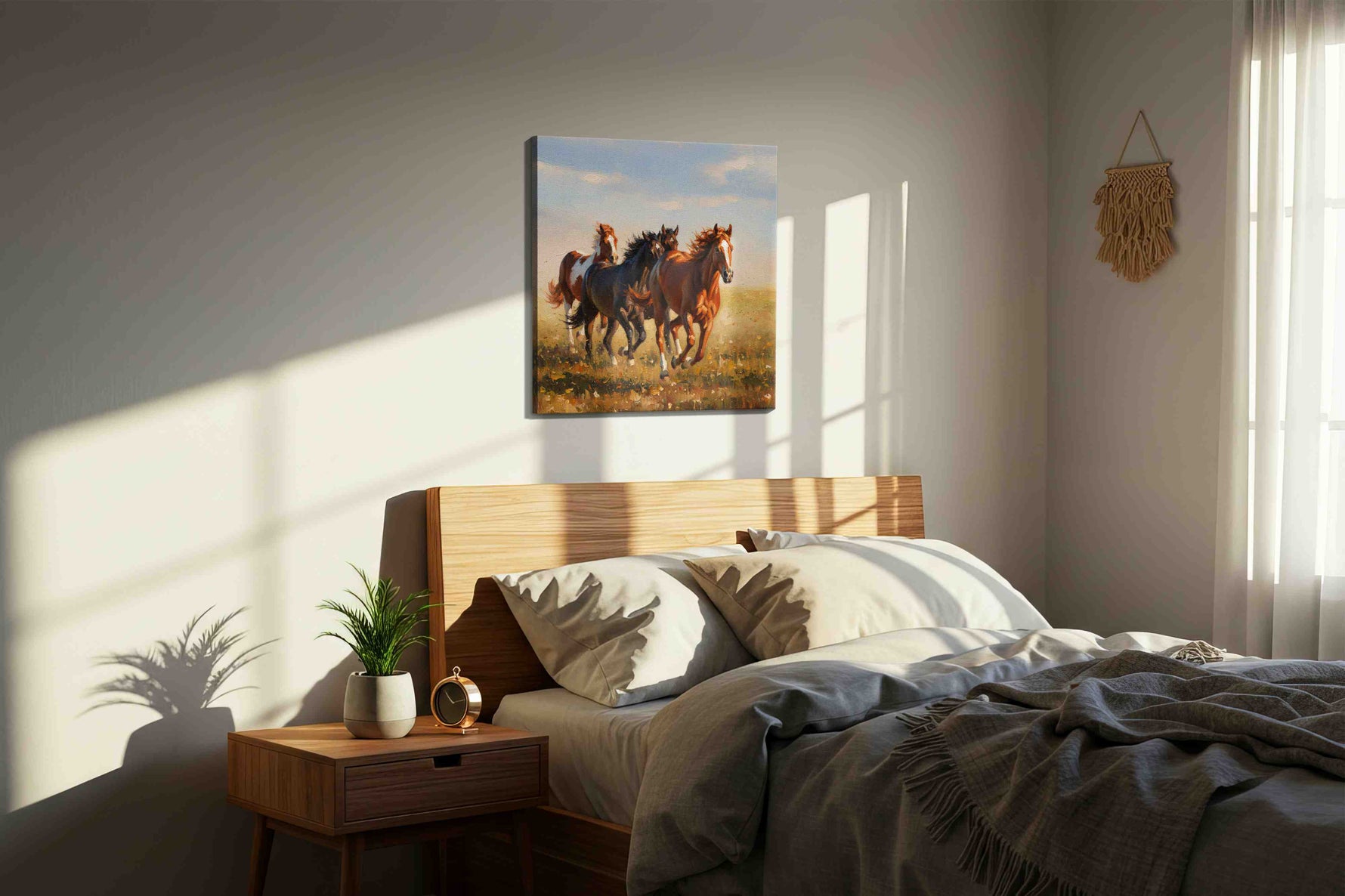 Wild Gallop Symphony horses canvas print, displayed in a bedroom