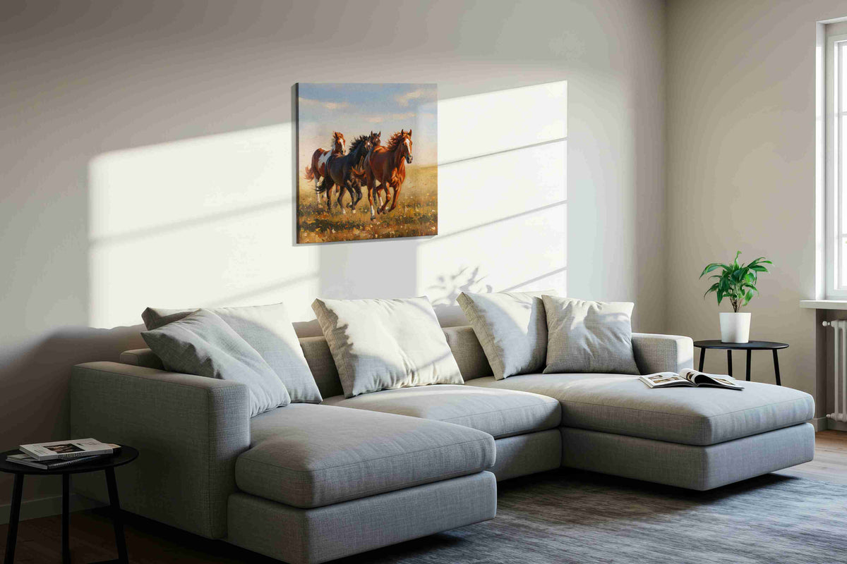 Wild Gallop Symphony horses canvas print, displayed in a living room