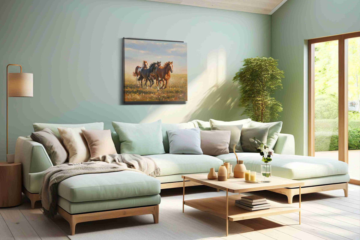 Wild Gallop Symphony horses canvas print, hanging on wall