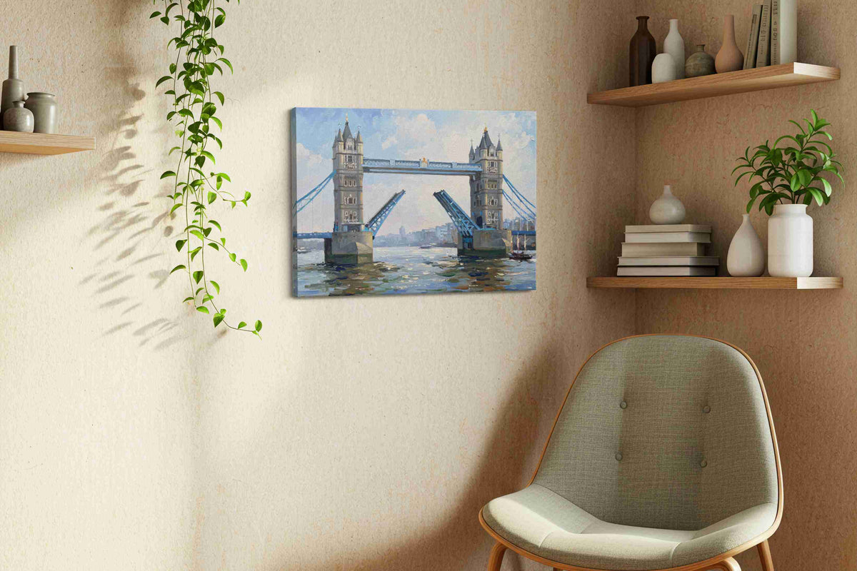 Bridging the Clouds landmarks canvas print, displayed in a living room
