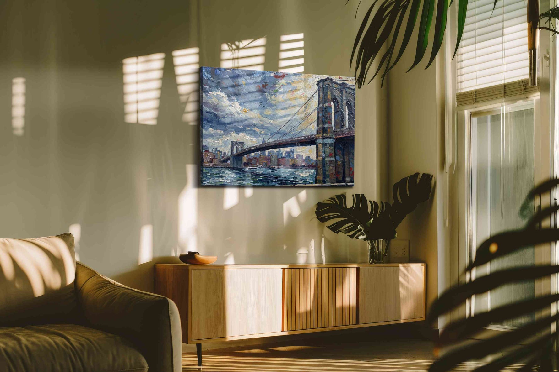 Brushstrokes of Brooklyn Skies urban canvas print, hanging on wall