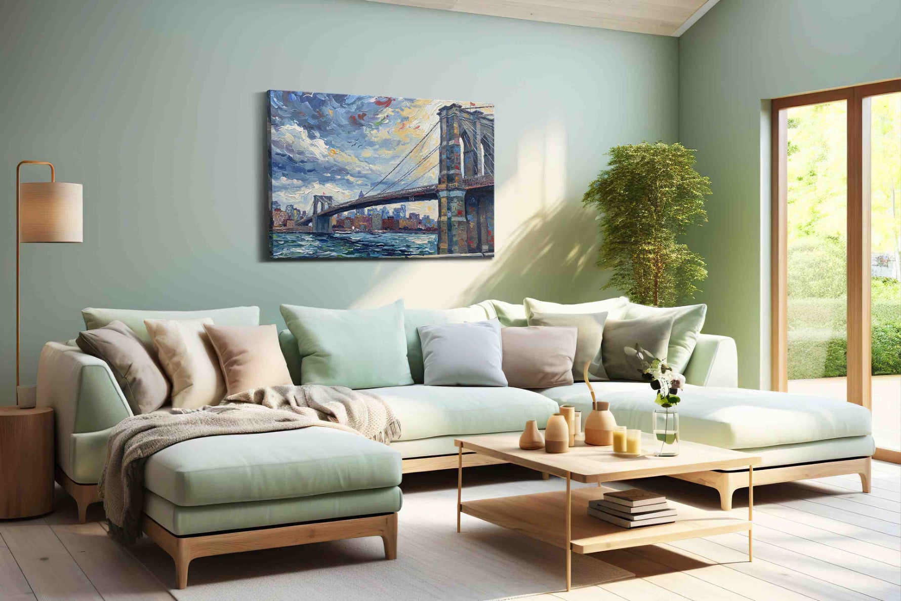Brushstrokes of Brooklyn Skies urban canvas print shown in a wall scene