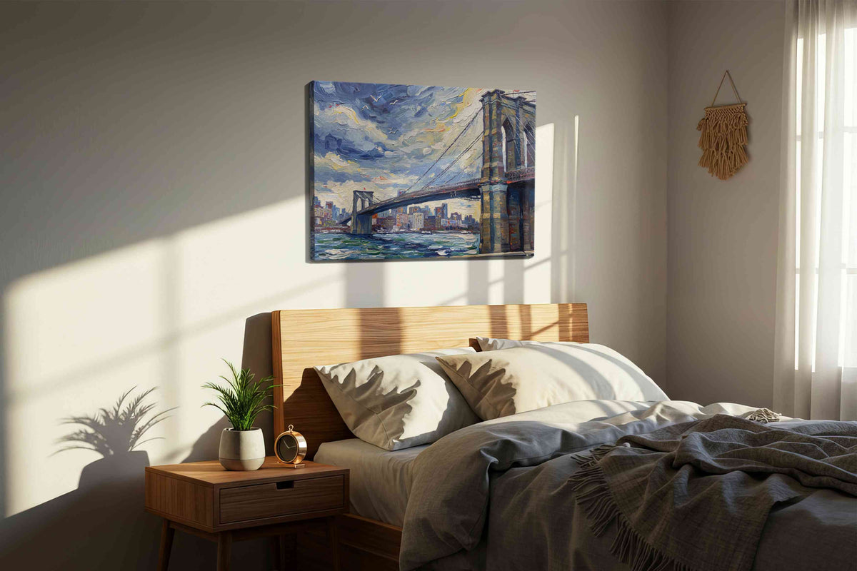 Ethereal Cityscape Crossing landscape canvas print, displayed in a bedroom