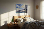 Ethereal Cityscape Crossing landscape canvas print, displayed in a bedroom