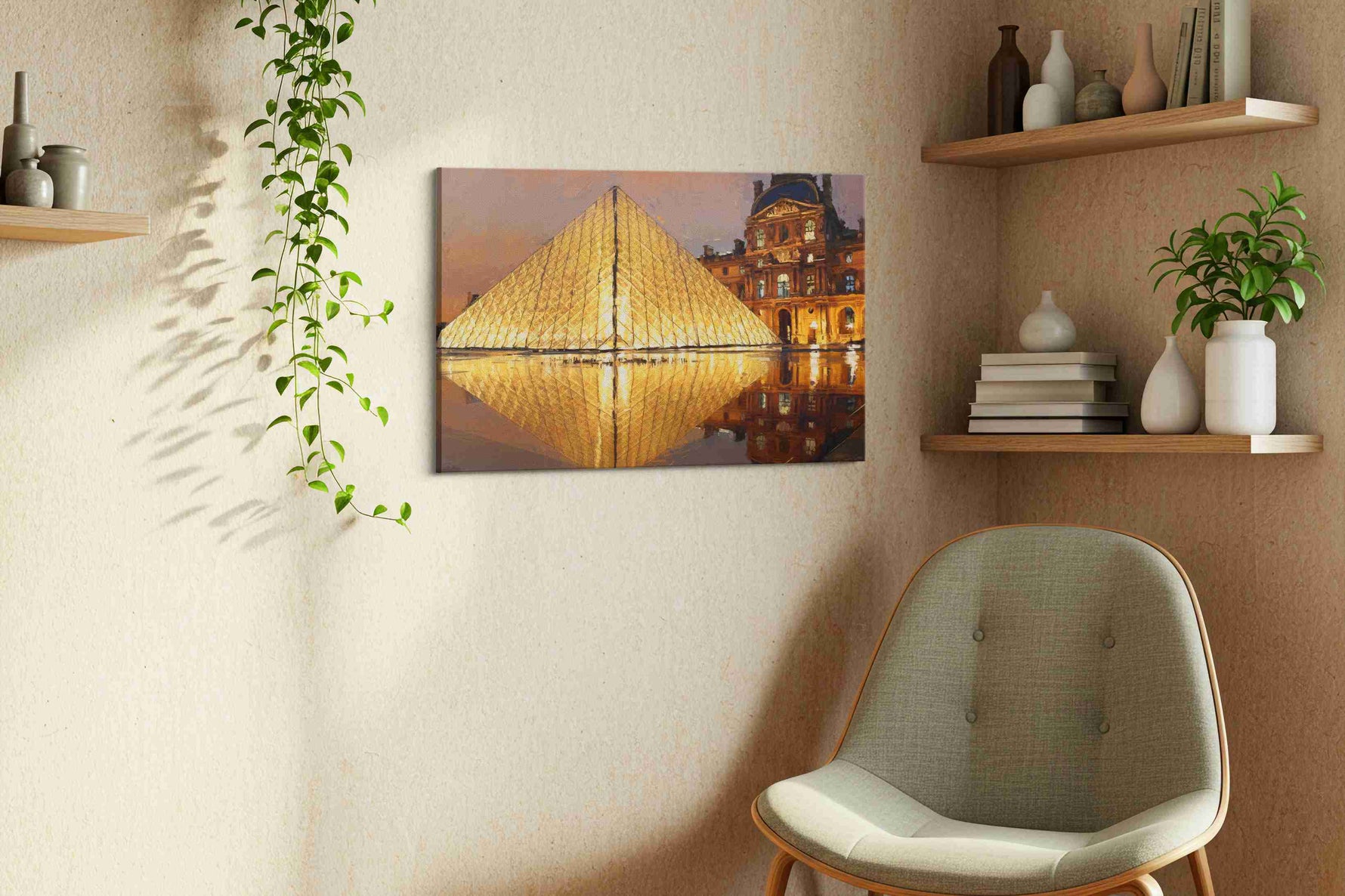 Evening Elegance at the Louvre landmarks canvas print, hanging on wall — view 3