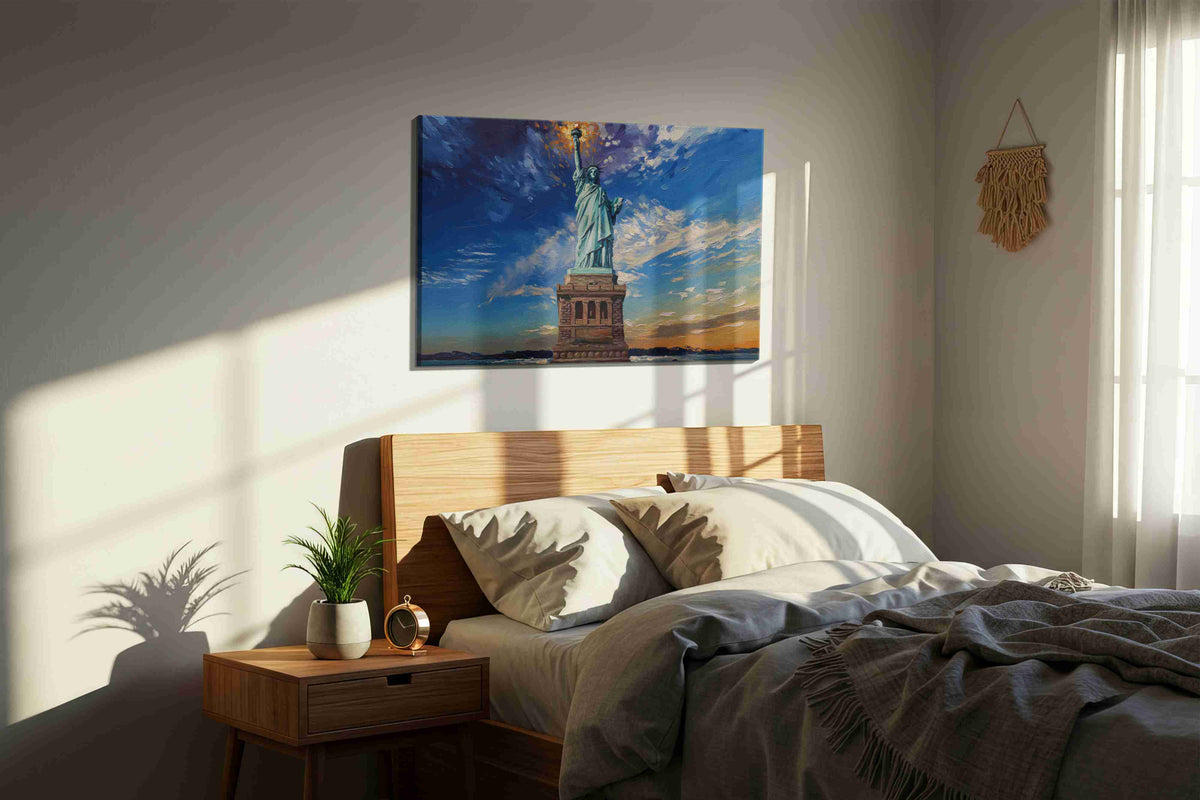 Liberty's Radiance landmarks canvas print, displayed in a bedroom