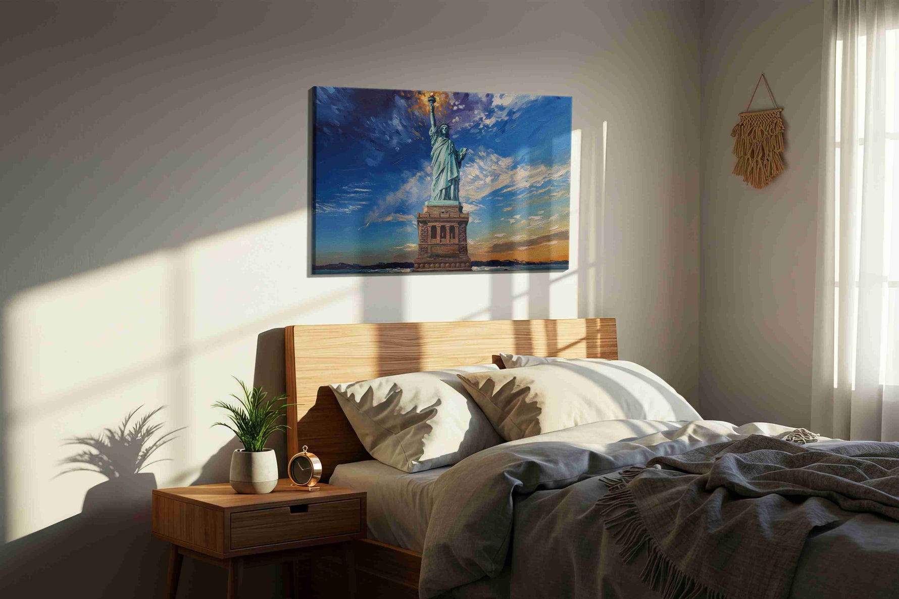 Liberty's Radiance landmarks canvas print, displayed in a bedroom