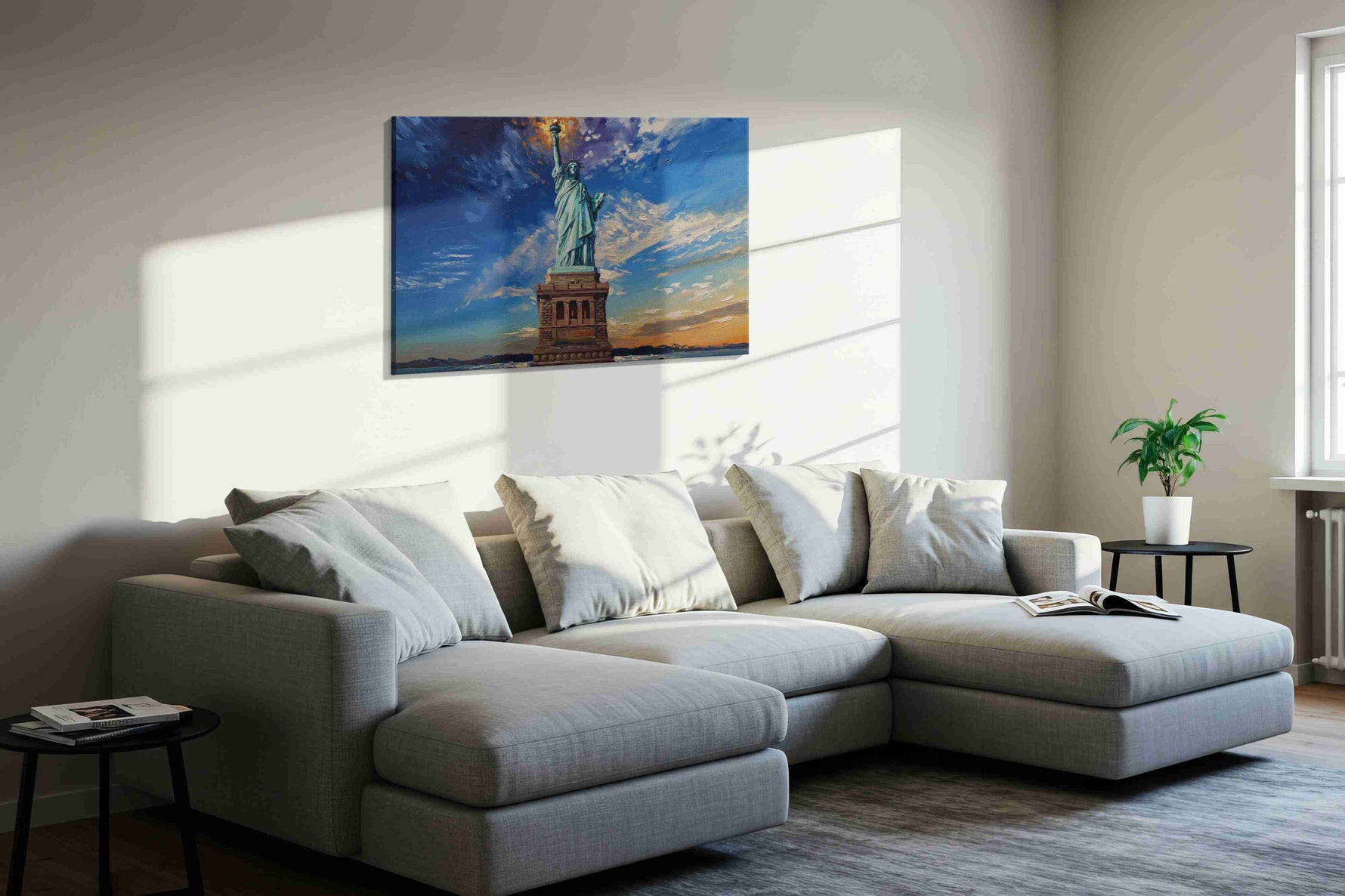 Liberty's Radiance landmarks canvas print in a living room scene