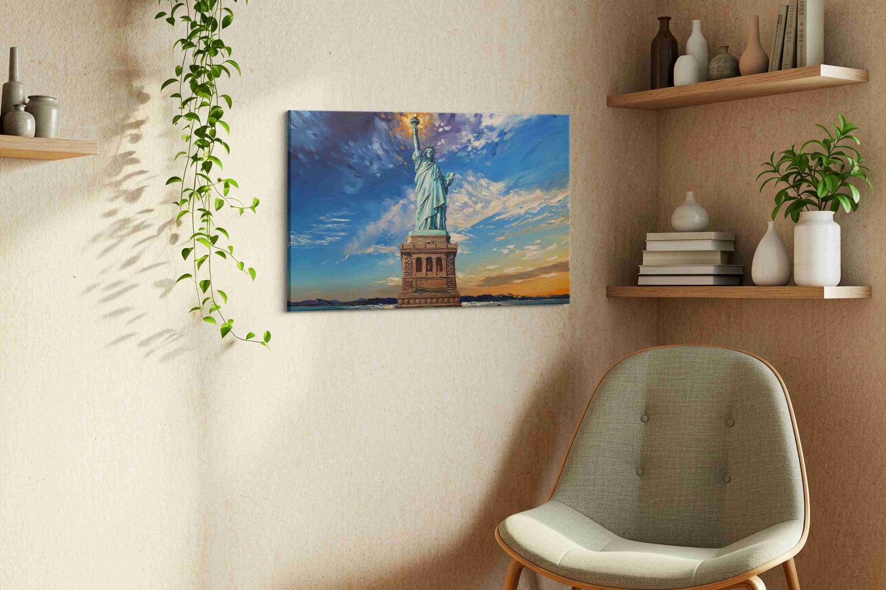 Liberty's Radiance landmarks canvas print, displayed in a living room