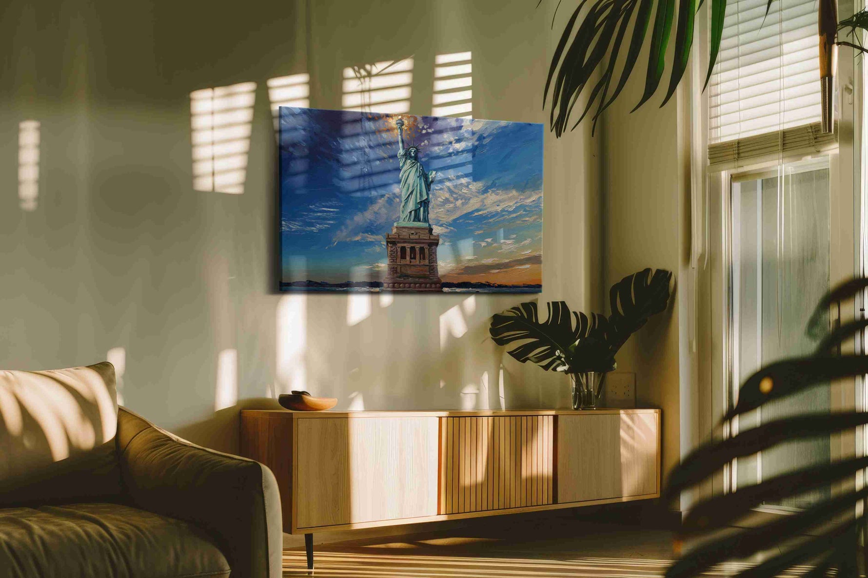 Liberty's Radiance landmarks canvas print in a contemporary interior mockup