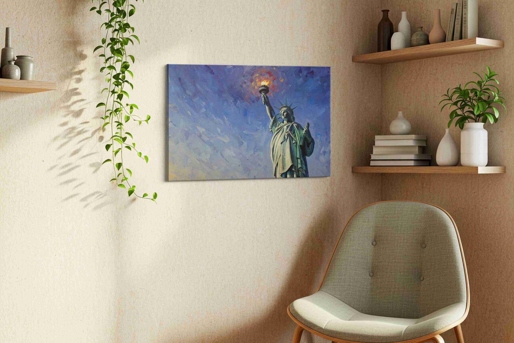 Liberty's Radiant Dawn landmarks canvas print styled in a living room