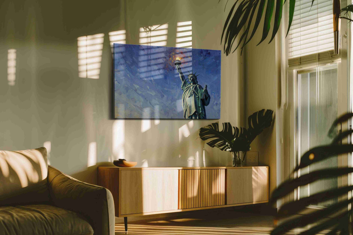 Liberty's Radiant Dawn landmarks canvas print in a contemporary interior mockup