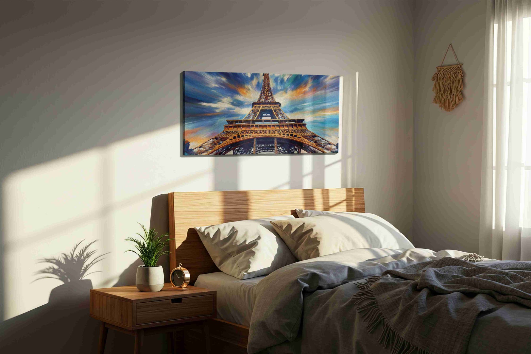 Parisian Sky Kaleidoscope landmarks canvas print, displayed in a bedroom