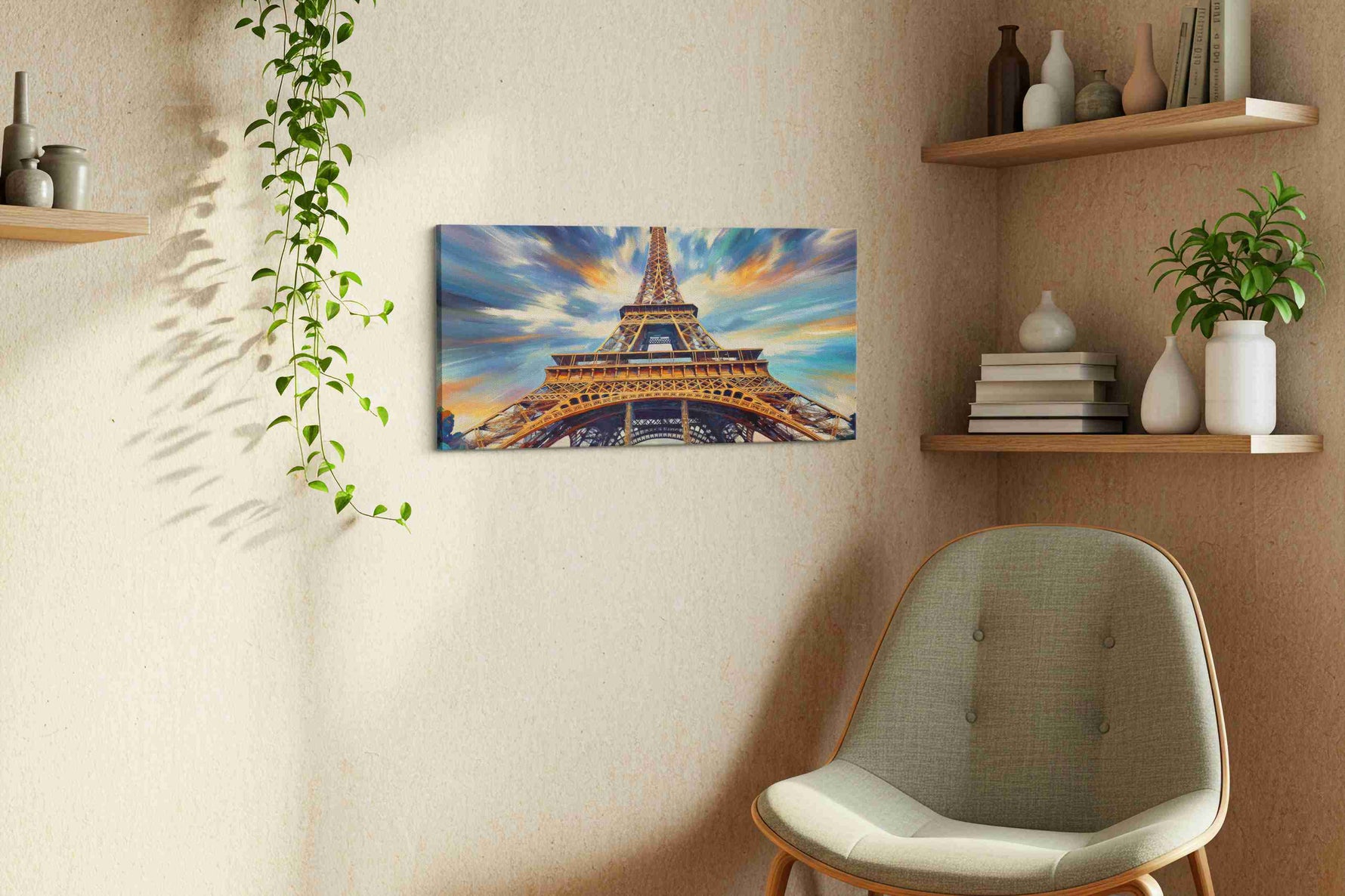 Parisian Sky Kaleidoscope landmarks canvas print styled in a living room