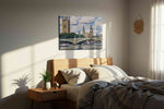 Towers of Time in Thames landmarks canvas print, displayed in a bedroom
