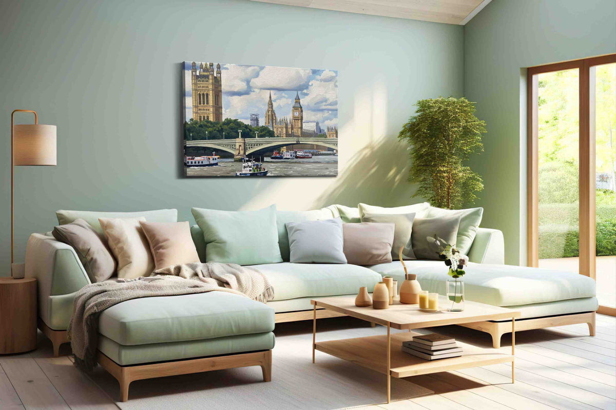 Towers of Time in Thames landmarks canvas print, hanging on wall