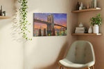 Twilight Over the Bridge landmarks canvas print, displayed in a living room