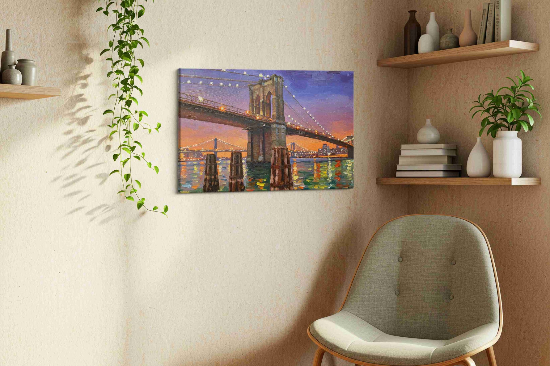 Twilight Over the Bridge landmarks canvas print, displayed in a living room