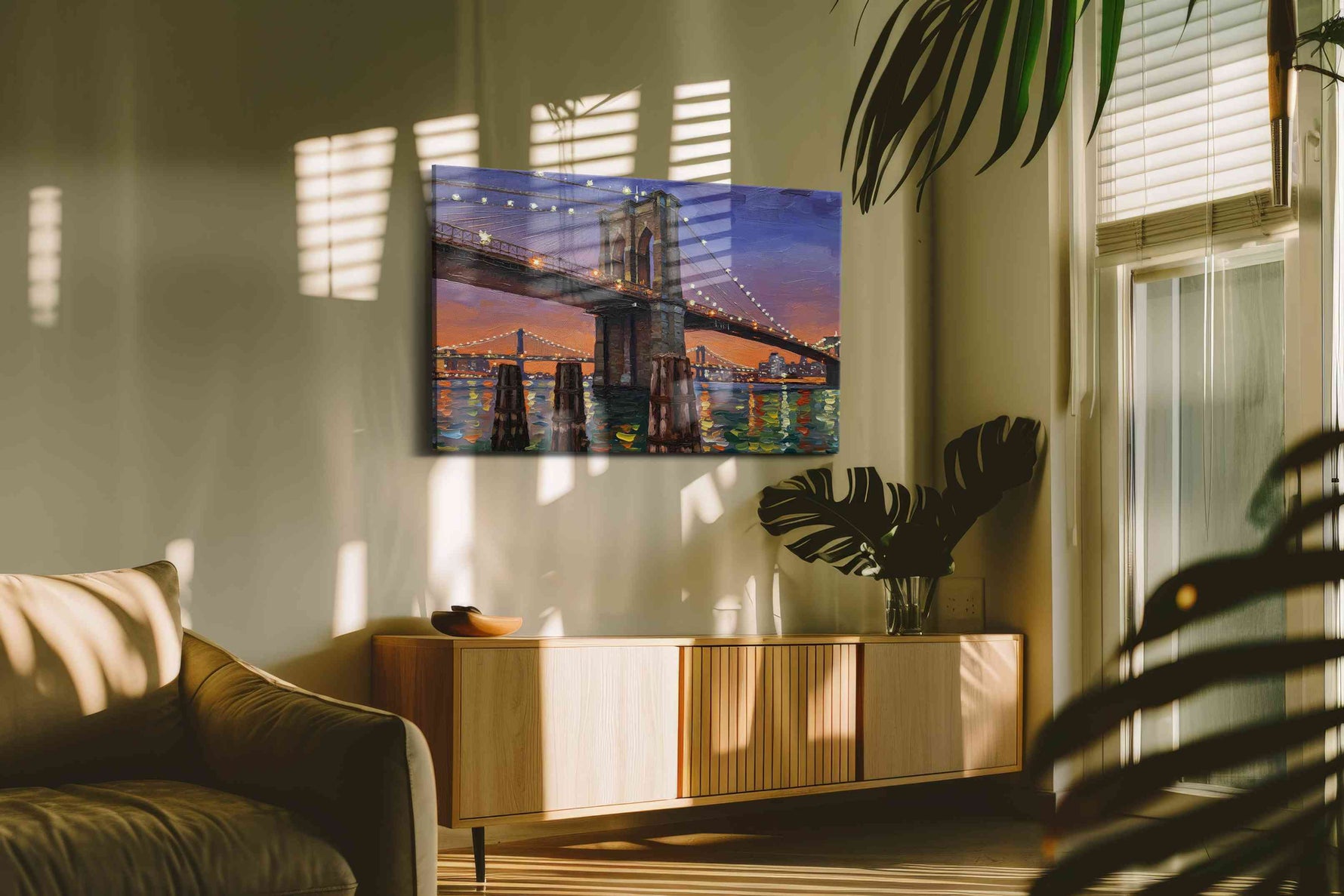 Twilight Over the Bridge landmarks canvas print in a hung canvas mockup