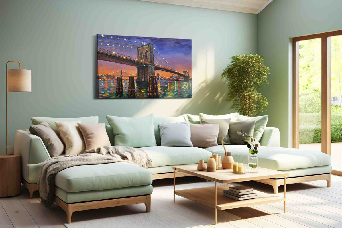 Twilight Over the Bridge landmarks canvas print, hanging on wall