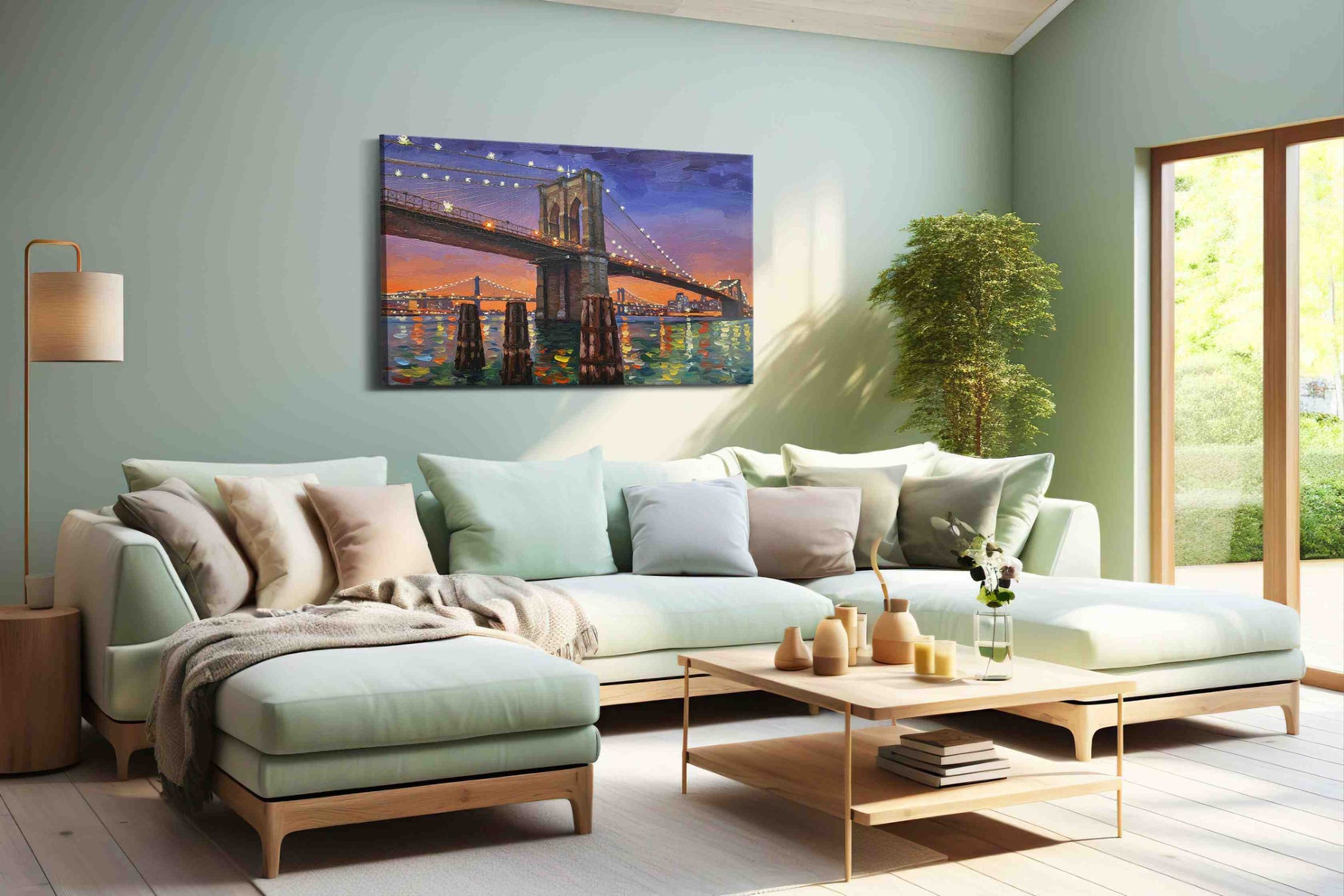 Twilight Over the Bridge landmarks canvas print, hanging on wall