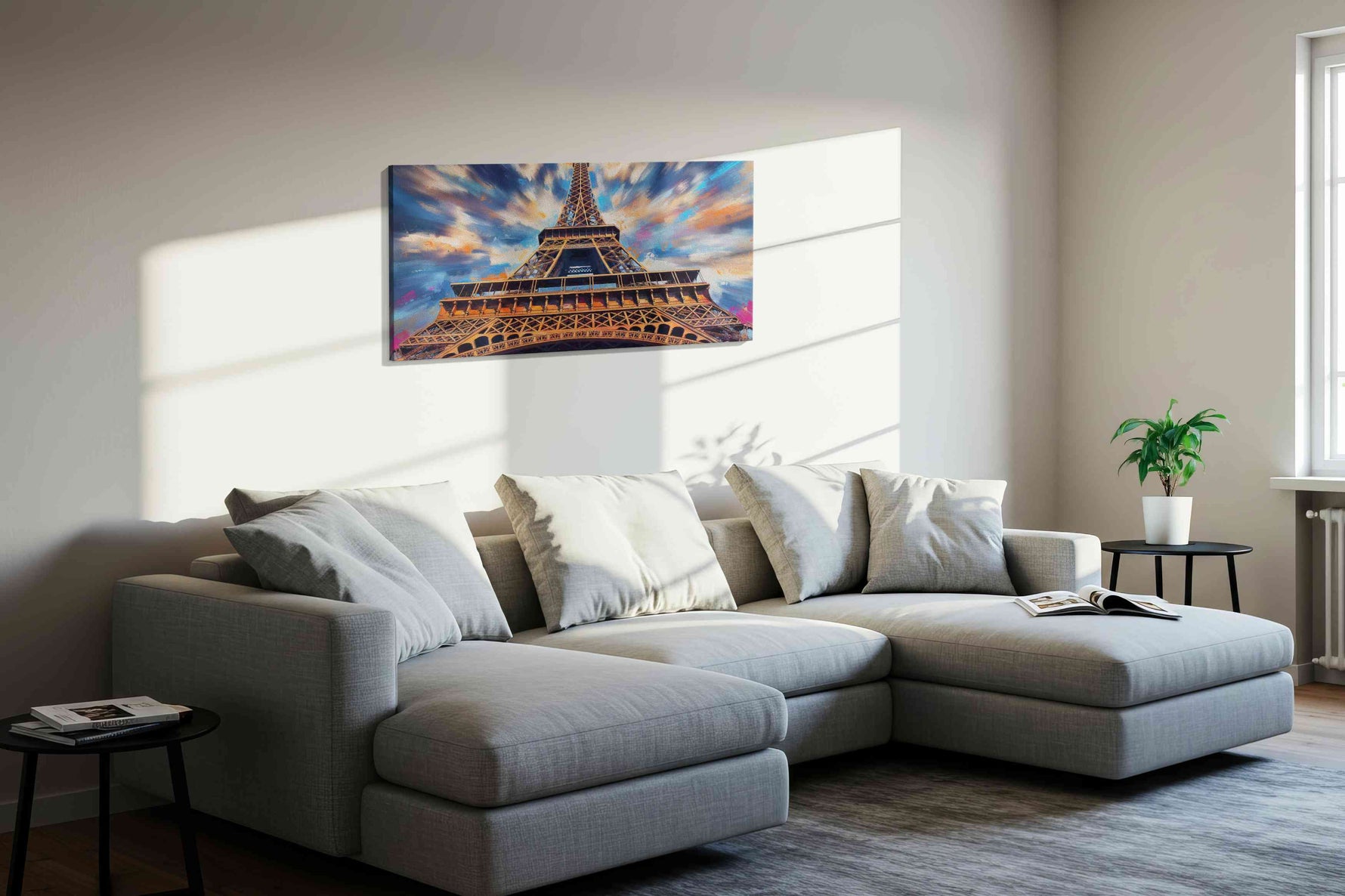 Whirlwind Over Paris landmarks canvas print in a living room scene