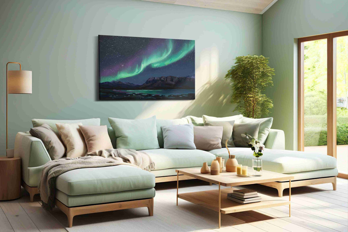 Aurora's Midnight Dance landscape canvas print, hanging on wall