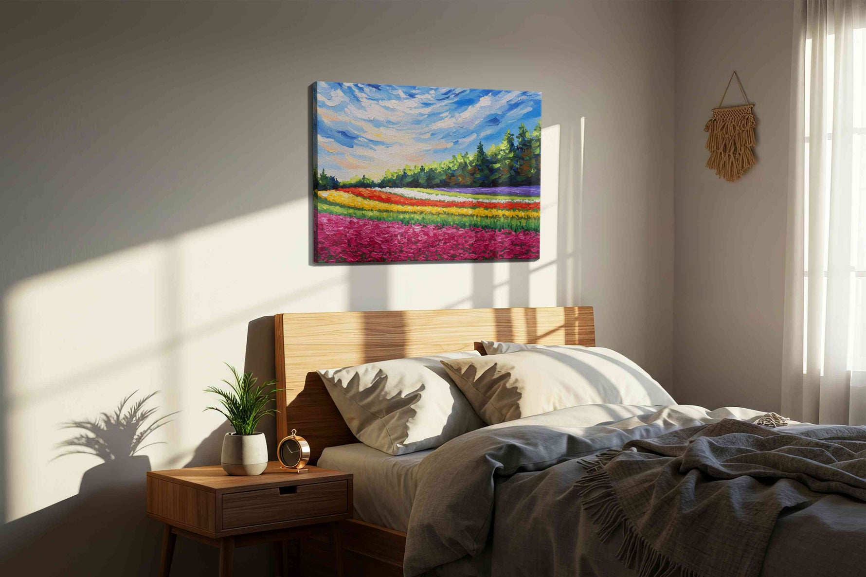 Blossoming Horizons landscape canvas print, displayed in a bedroom