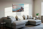 Blossoms Over Tranquil Temples landscape canvas print, displayed in a living room