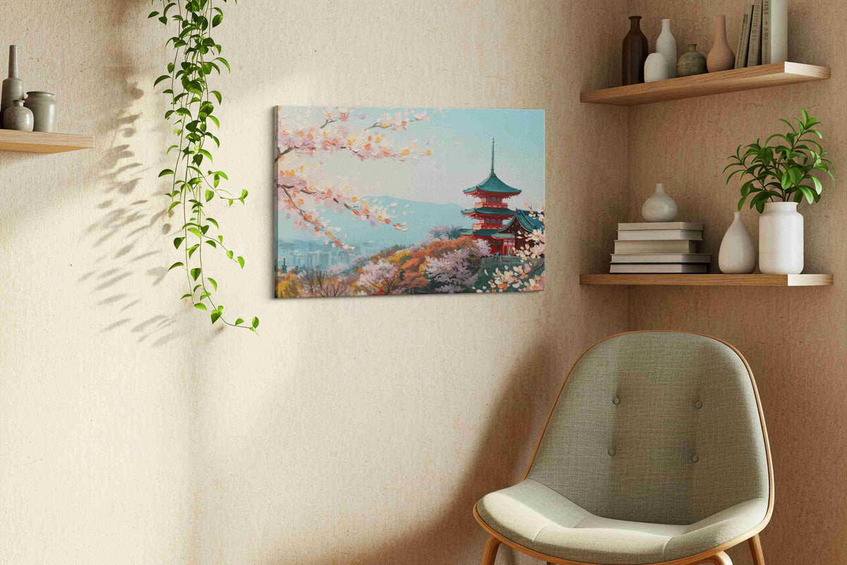 Blossoms Over Tranquil Temples landscape canvas print, hanging on wall — view 3