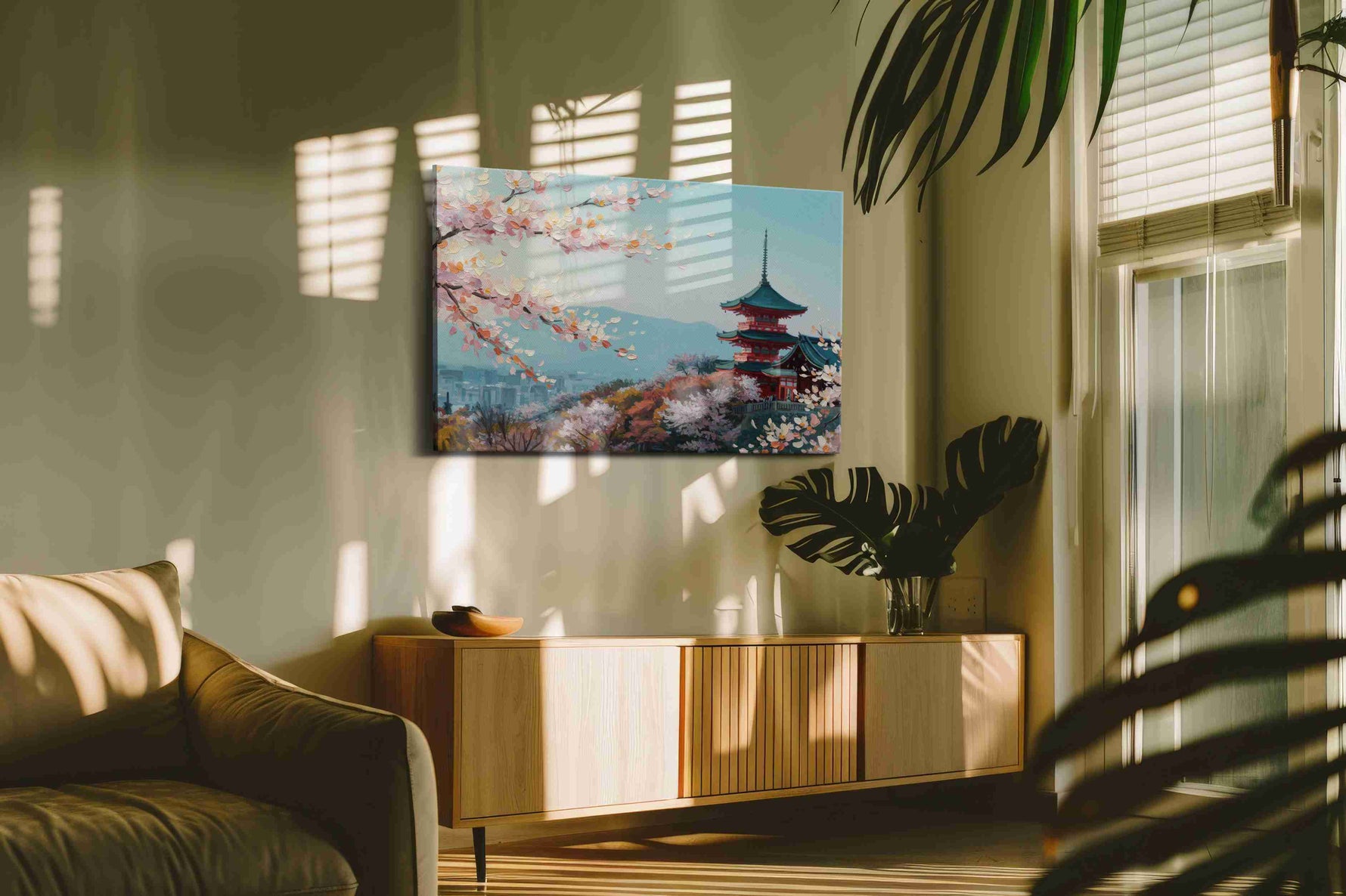 Blossoms Over Tranquil Temples landscape canvas print, hanging on wall