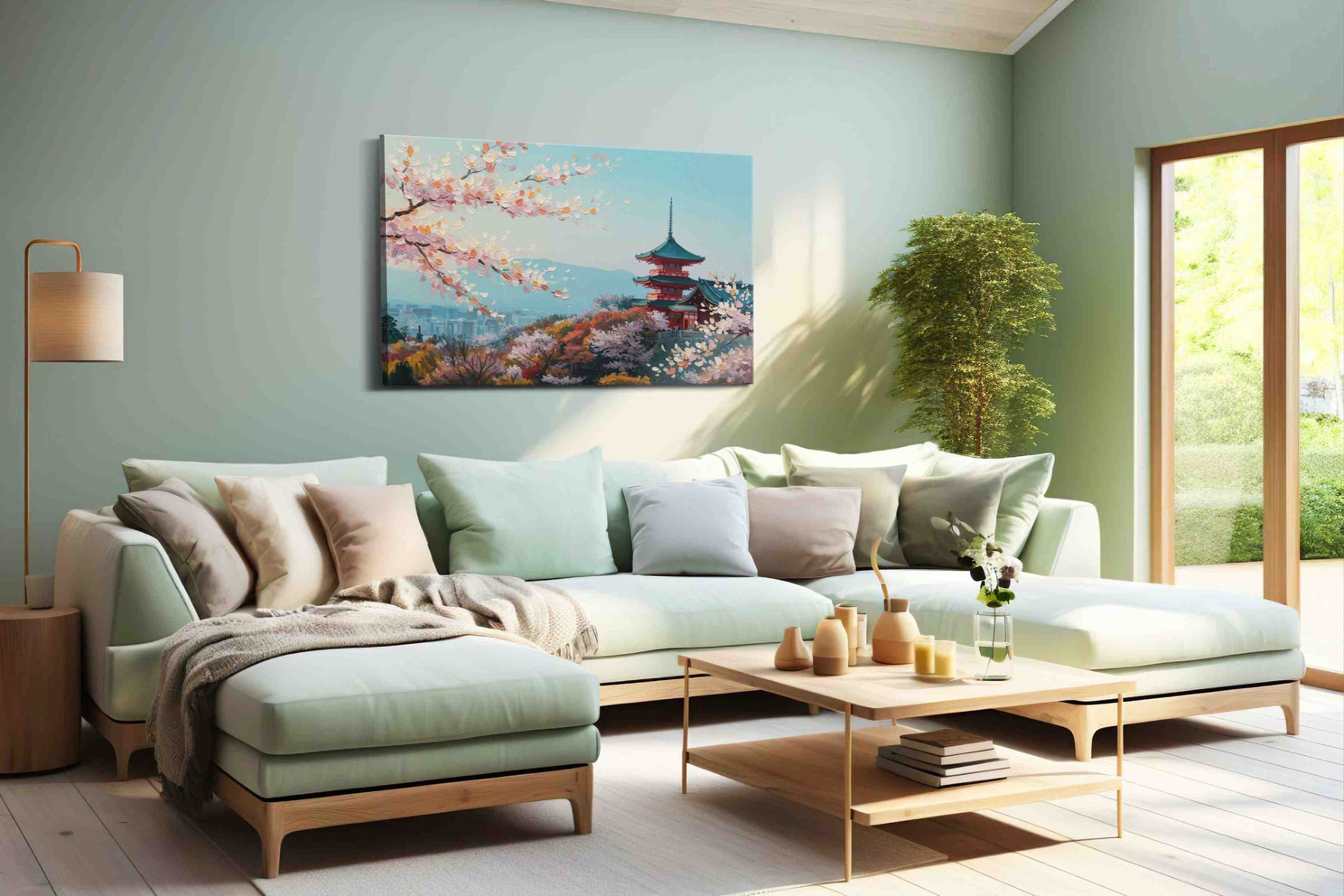 Blossoms Over Tranquil Temples landscape canvas print shown in a wall scene