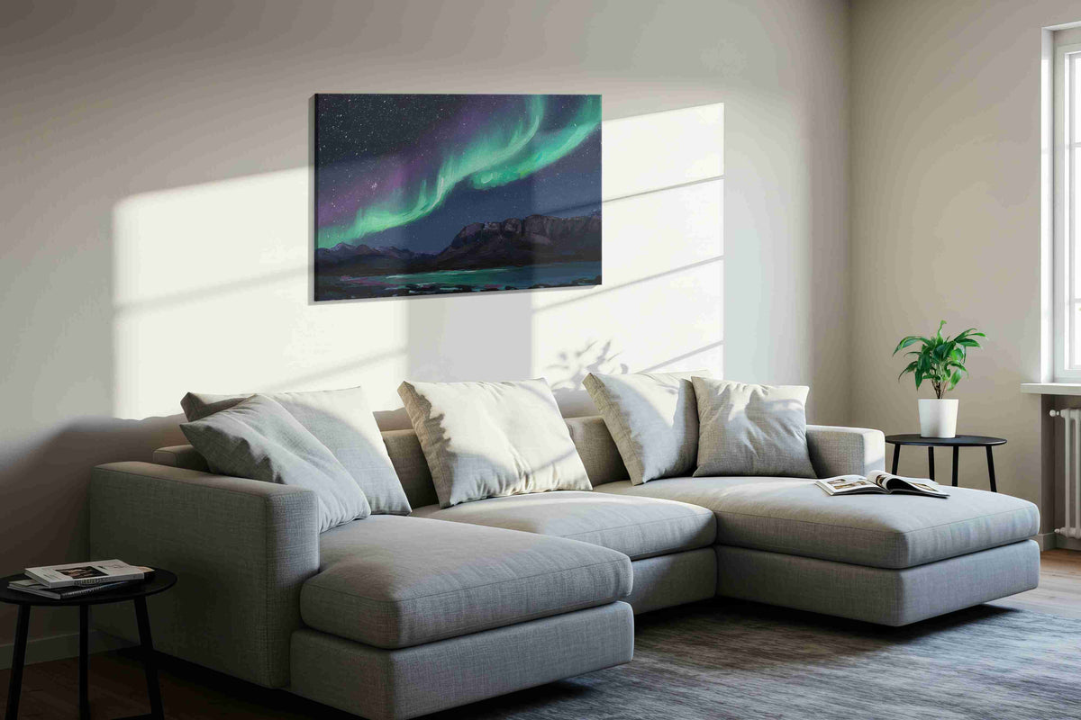 Celestial Dance Over Mountains landscape canvas print, displayed in a living room