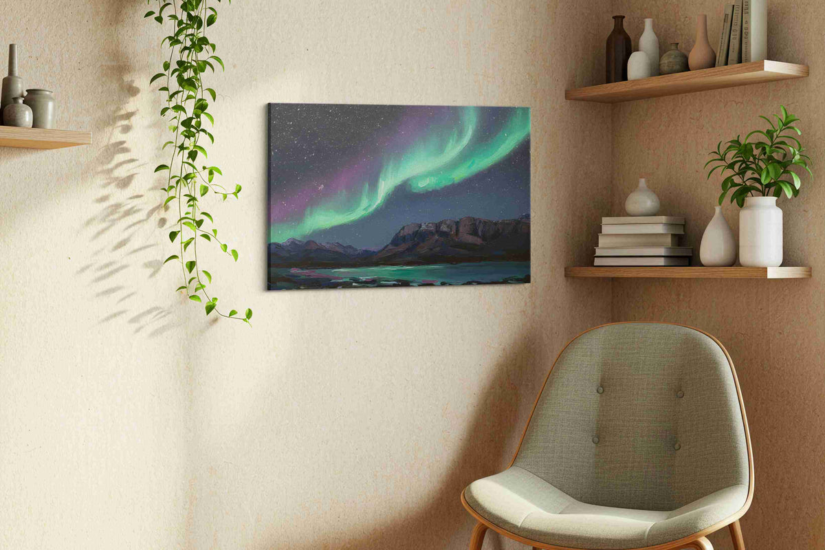 Celestial Dance Over Mountains landscape canvas print, hanging on wall — view 4