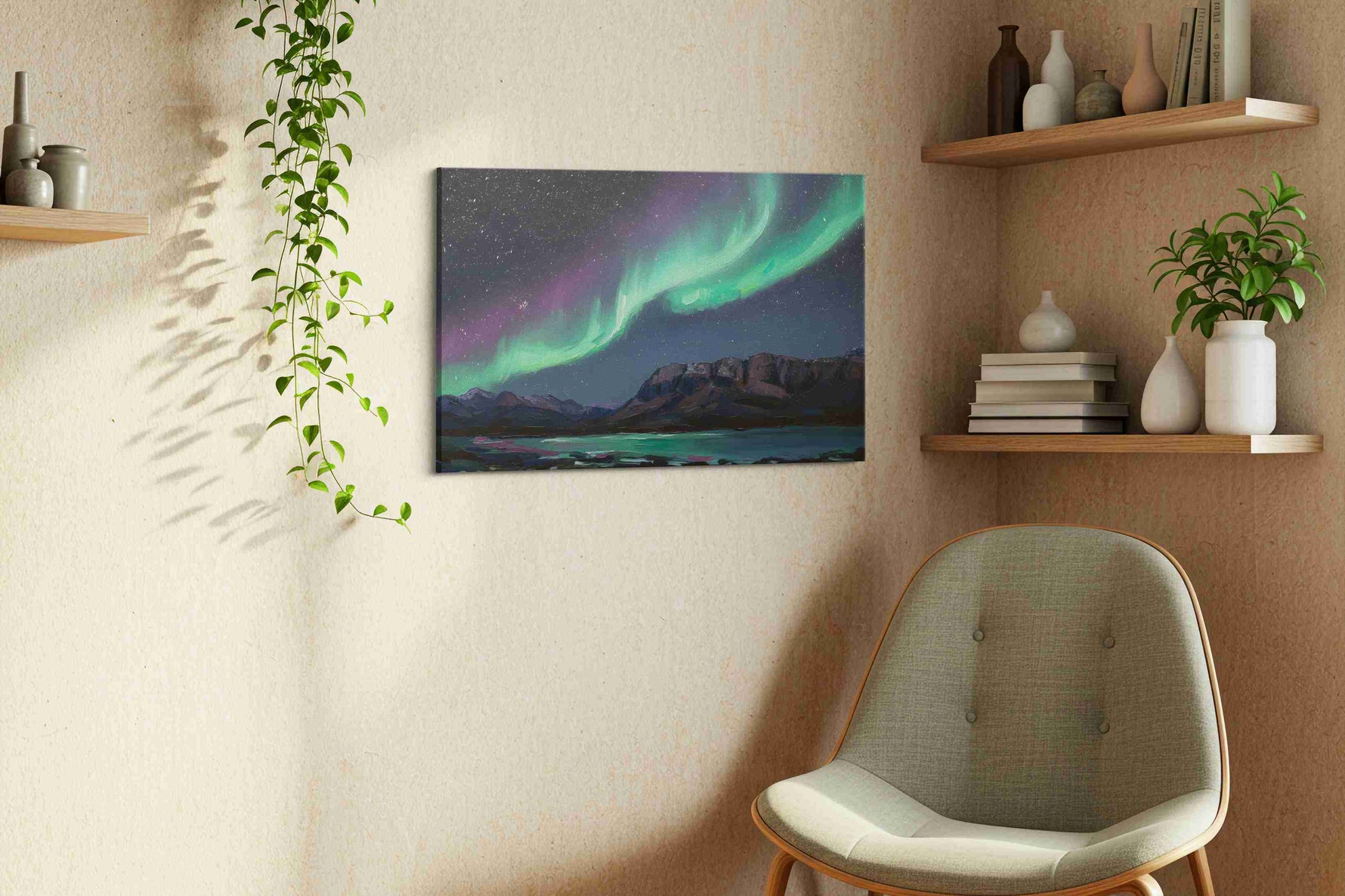 Celestial Dance Over Mountains landscape canvas print, hanging on wall — view 4