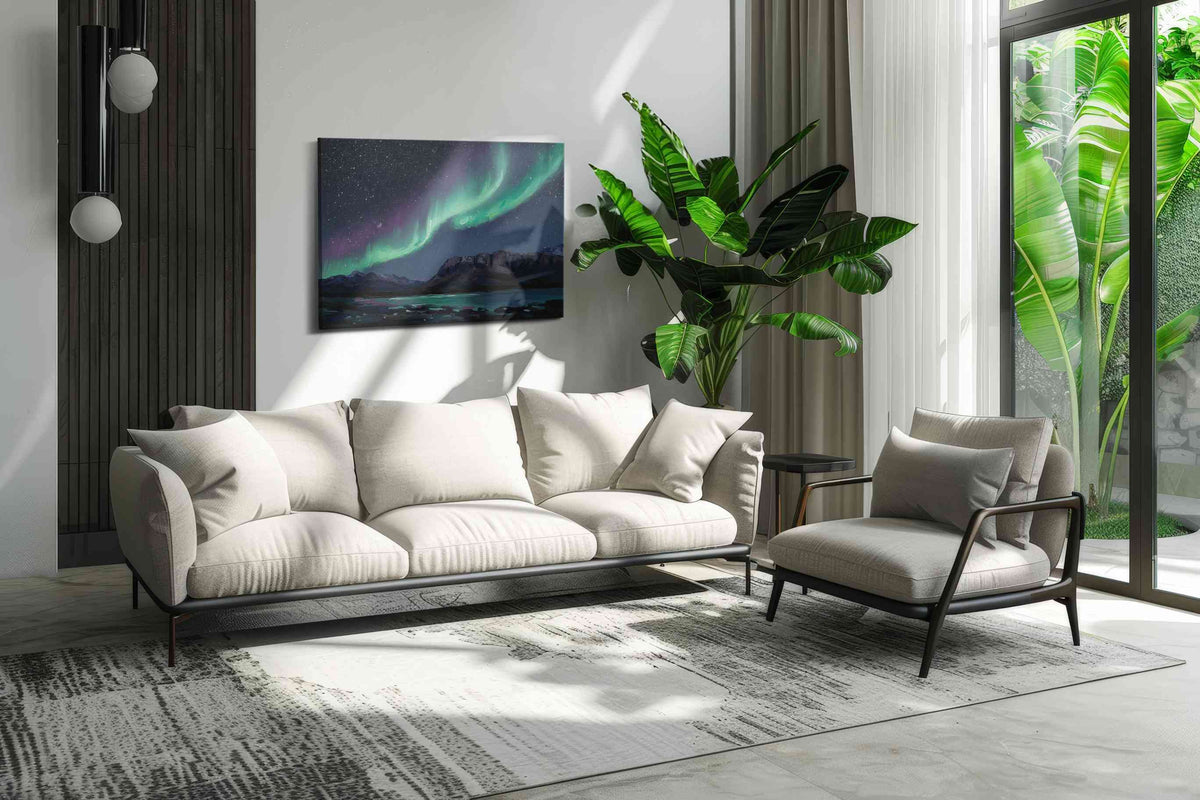 Celestial Dance Over Mountains landscape canvas print in a hung canvas mockup