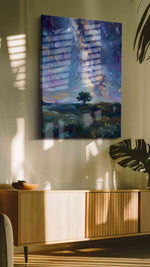 Celestial Dreams Over Lone Tree landscape canvas print, displayed in a living room
