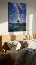 Celestial Dreams Over Lone Tree landscape canvas print, displayed in a bedroom