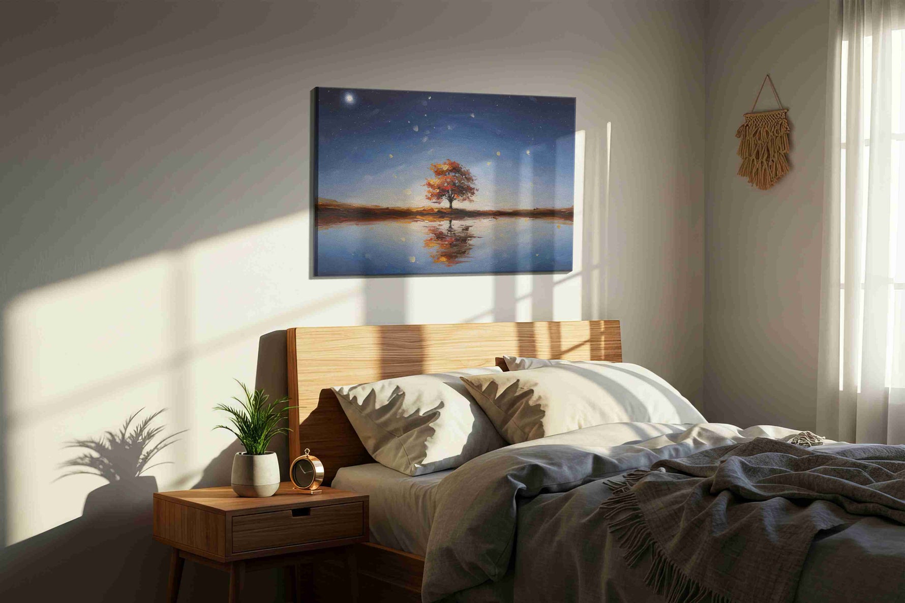Celestial Reflection Symphony landscape canvas print, displayed in a bedroom