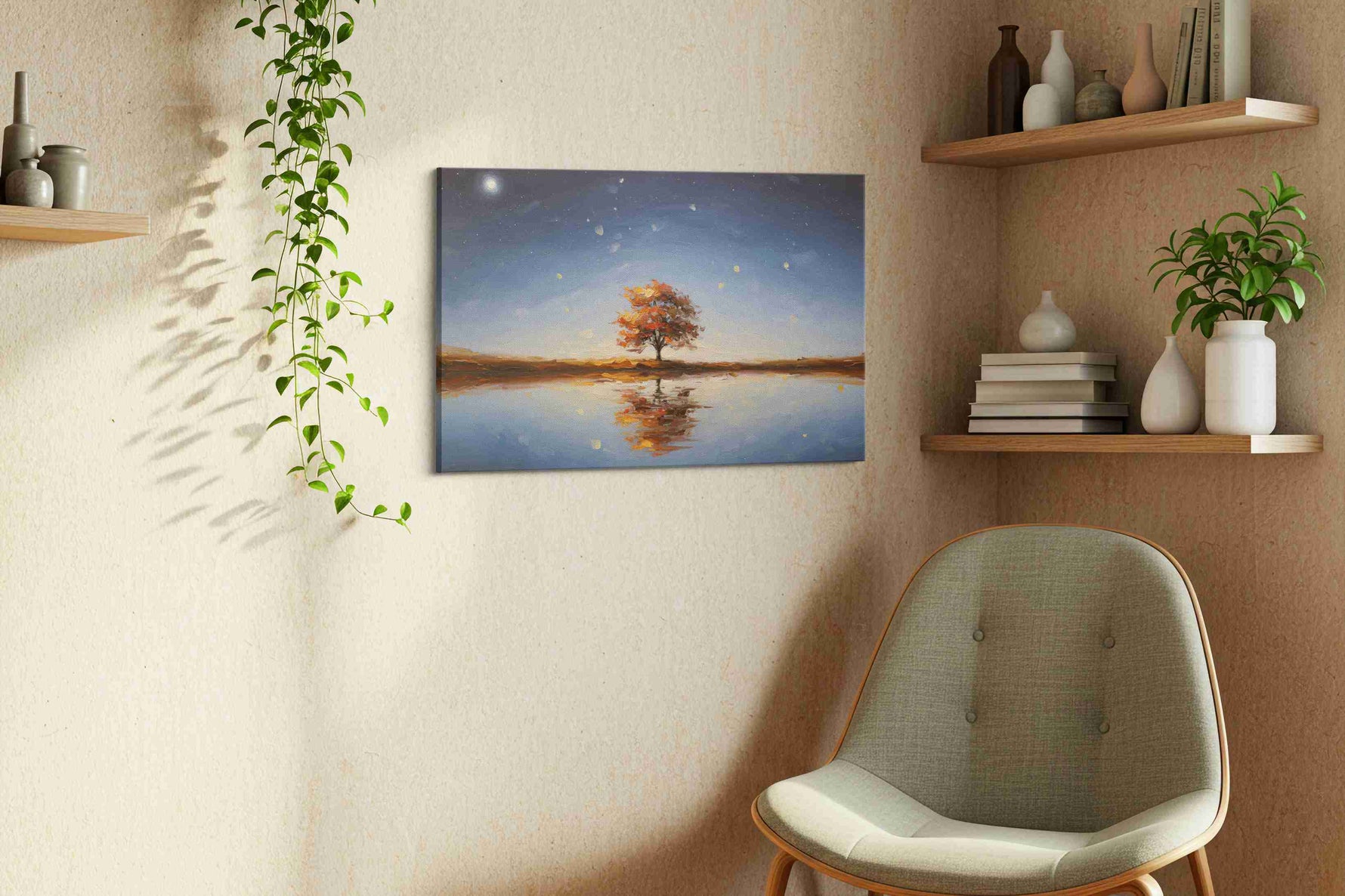 Celestial Reflection Symphony landscape canvas print, hanging on wall