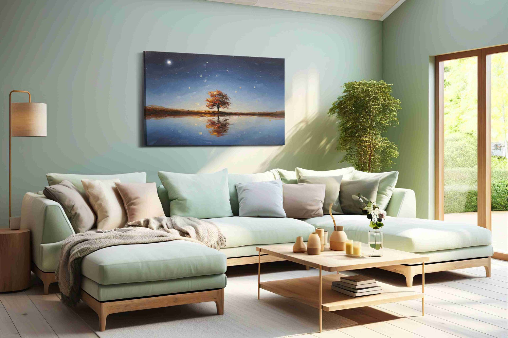 Celestial Reflection Symphony landscape canvas print shown in a wall scene