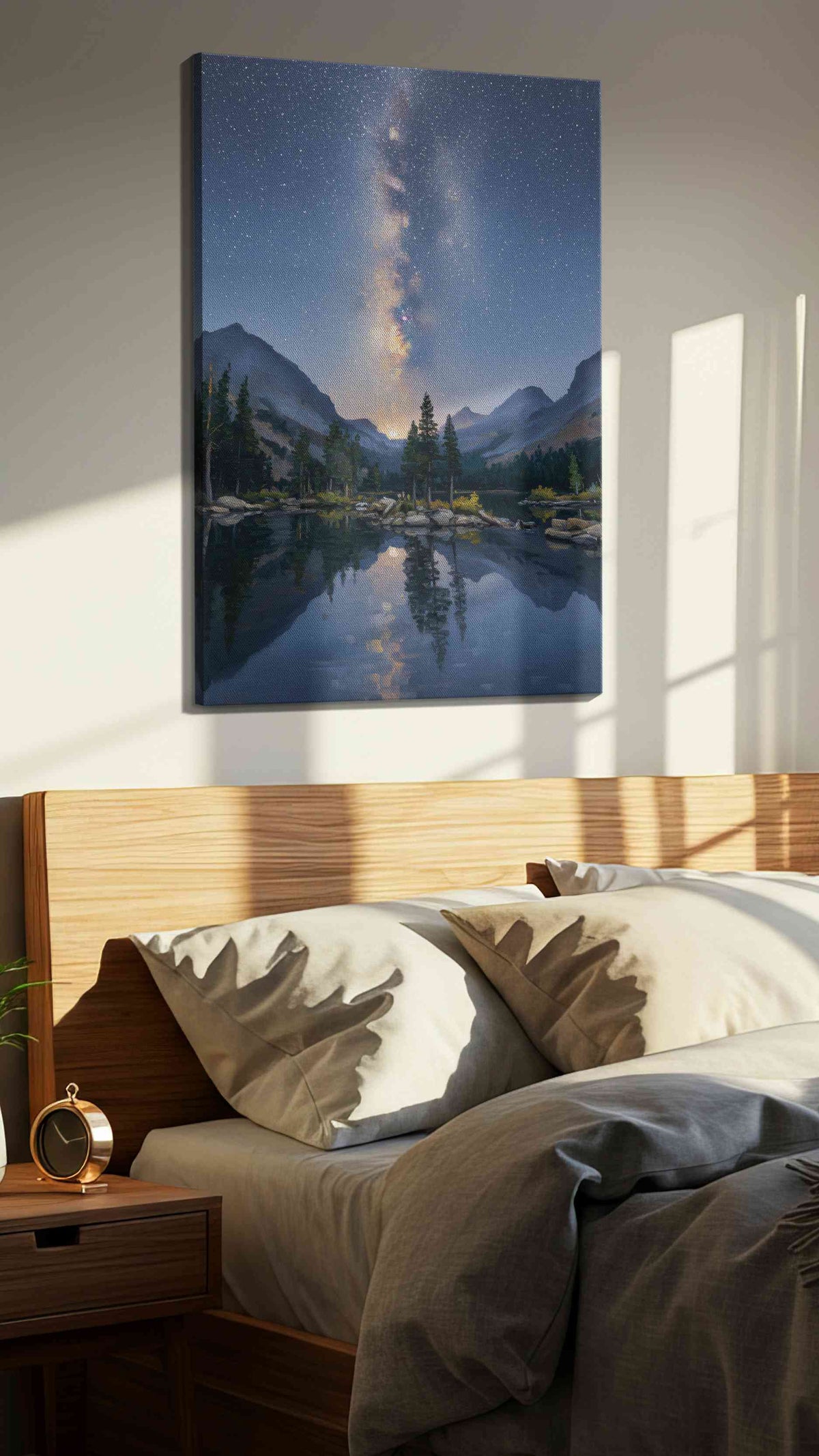 Celestial Reflections landscape canvas print, displayed in a bedroom