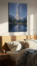 Celestial Reflections landscape canvas print, displayed in a bedroom