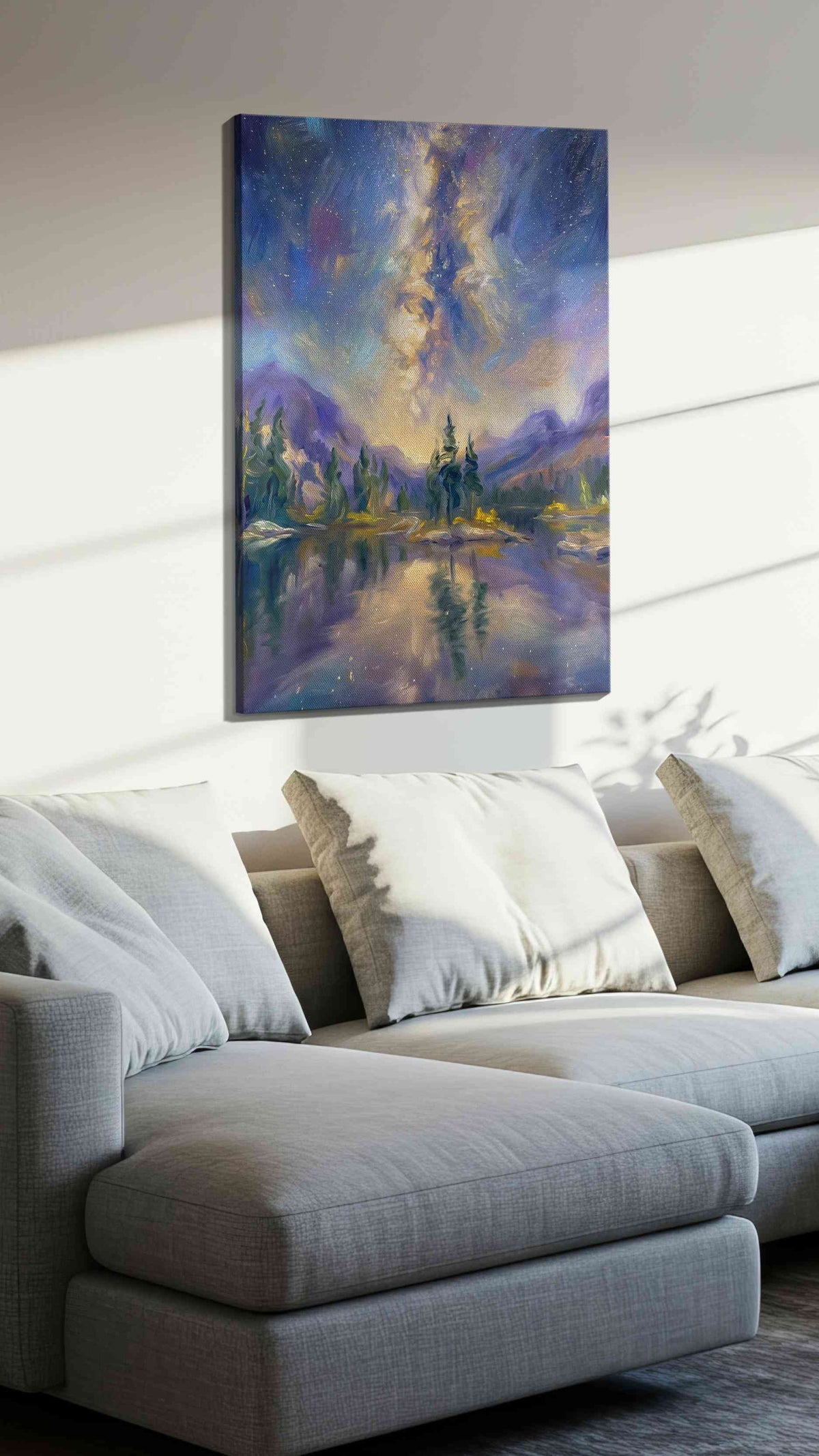 Celestial Reflections at Dusk landscape canvas print, displayed in a living room