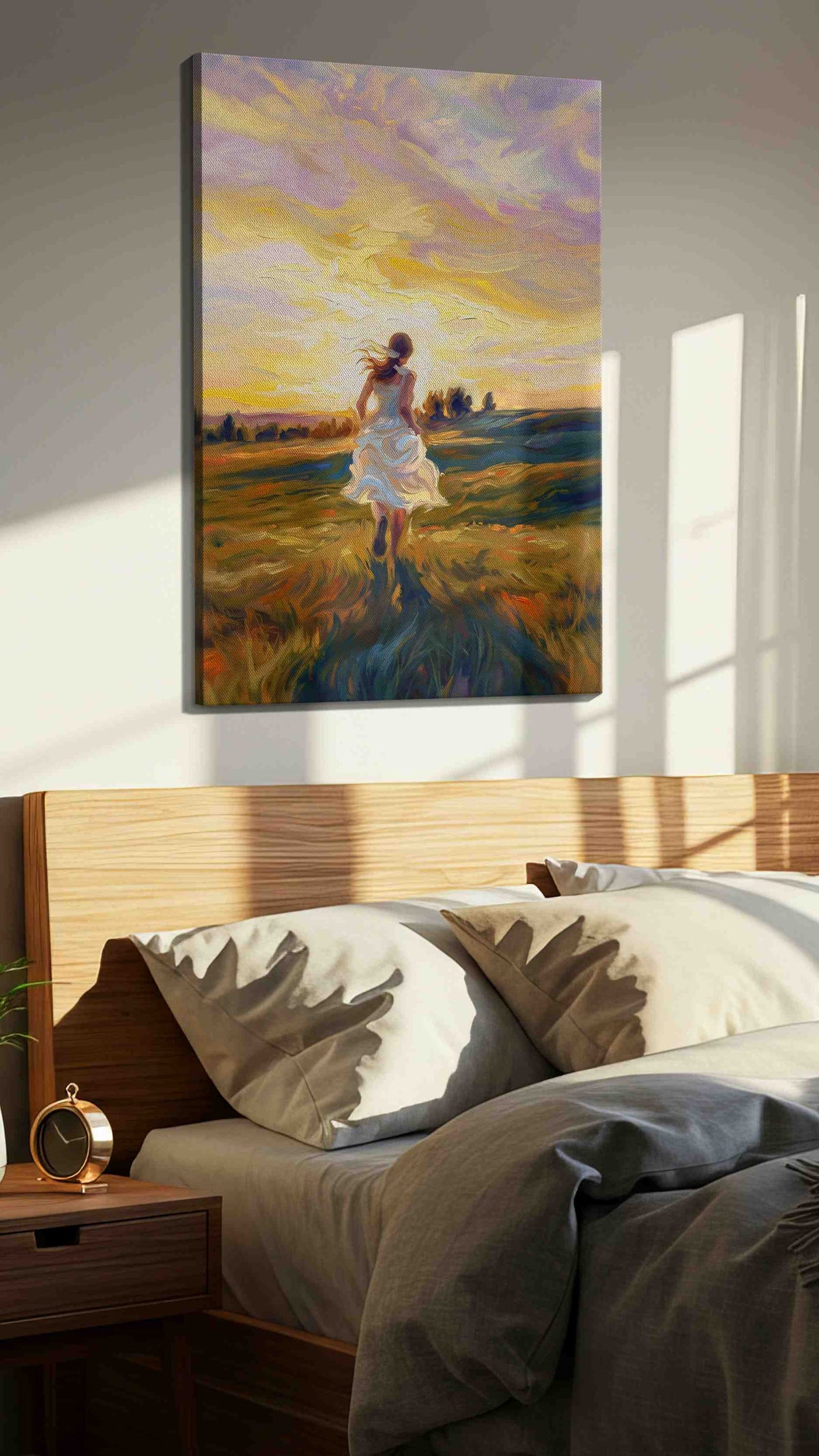 Chasing the Golden Horizon landscape canvas print, displayed in a bedroom