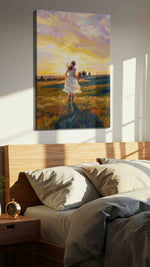 Chasing the Golden Horizon landscape canvas print, displayed in a bedroom